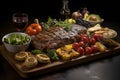 Argentine Asado - sizzling grilled meat arranged on a rustic wooden platter with charred vegetables and fresh herbs