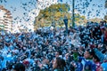 Argentine football fans celebrate their 2010 World Cup victory over Greece in front of a huge screen Royalty Free Stock Photo
