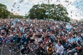 Argentine football fans celebrate their 2010 World Cup victory over Greece in front of a huge screen Royalty Free Stock Photo