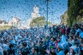 Football fans celebrate their 2010 World Cup victory over Greece in front of a huge screen Royalty Free Stock Photo