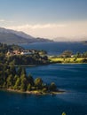 Argentine Lake District at sunrise view of the Llao Llao hotel and the lake lago Nahuel Huapi Royalty Free Stock Photo