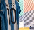 The Argentine shirt of Lionel Messi exposed next to the colorful buildings of the neighborhood of La Boca in Buenos Aires Royalty Free Stock Photo