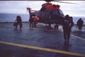 Argentine soldiers in a destroyer ship getting off an army military helicopter during the Malvinas war in 1982