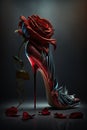 Argentine tango shoes, stiletto shoe and dark red rose on black background, AI generative