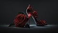 Argentine tango shoes, stiletto shoe and dark red rose on black background, AI generative