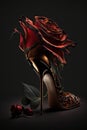 Argentine tango shoes, stiletto shoe and dark red rose on black background, AI generative