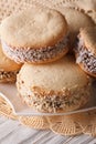 Argentinean dessert: cookies alfajores on a plate macro. Vertical