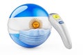 Argentinean flag with medical mask and infrared electronic thermometer. Pandemic in Argentina concept, 3D rendering Royalty Free Stock Photo