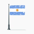 Argentinian flag with scratches, vector flag of Argentina on flagpole with shadow.