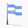 Argentinian flag with scratches, vector flag of Argentina waving on flagpole with shadow. Royalty Free Stock Photo