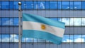 Argentinian flag waving in a modern skyscraper city. Tall tower Argentine banner