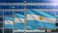 Argentinian flag waving in a modern skyscraper city. Tall tower Argentine banner