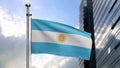 Argentinian flag waving in wind at modern city. Argentine banner blowing silk