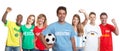 Argentinian soccer supporter with ball and fans from other count Royalty Free Stock Photo