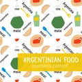 Argentinian typical food style seamless pattern with wine, glass of wine, empanadas, meat and mate in bright colors