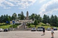 Arges, Romania - August 15, 2017: Tourist visiting the Heroes Mausoleum situated on the Mateias Hill. The monument is dedicated to