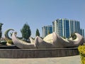 Argun, Chechnya, Russia - August 17, 2022: View of the shell-shaped fountain on the territory of the Mother\'s Heart