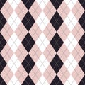 Argyle pattern in black, powder pink, white. Seamless abstract geometric stitched vector for gift card, gift paper, socks, sweater