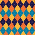 Argyle pattern colorful autumn in blue, orange, yellow. Traditional geometric vector argyll dark background art for gift paper.