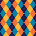Argyle pattern colorful design in navy blue, orange, yellow. Vector argyll multicolored background for gift wrapping, socks. Royalty Free Stock Photo