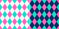 Argyle pattern colorful in pink, green, navy blue, white. Seamless bright vector argyll background set in tropical colors.