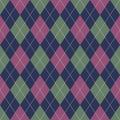 Argyle pattern design in blue, pink, green. Traditional geometric stitched argyll dark background for gift wrapping, socks.