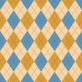 Argyle pattern geometric in blue, gold, beige. Traditional vector argyll background for gift wrapping paper, socks, sweater.