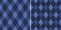 Argyle pattern geometric design in blue purple. Traditional vector argyll background for gift wrapping, socks, sweater, jumper.