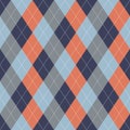 Argyle pattern in navy blue, orange, grey, light blue. Geometric vector argyll background art for gift wrapping, socks, sweater.