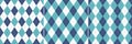 Argyle pattern spring in blue, turquoise green, white. Seamless harlequin geometric stitched background vector graphics for socks.