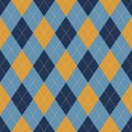 Argyle pattern vector in blue and yellow. Stitched geometric traditional argyll background art for gift wrapping, socks, sweater.