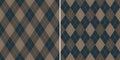 Argyle patterns in blue brown beige. Traditional geometric vector argyll dark background for gift wrapping.