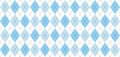 Argyle vector pattern. Light blue and white squares with thin black dotted line.