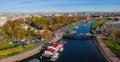 Arial drone panoramic view of St. Peterburg. Bridge between Petrograd side and Hare Island. Sankt Peterburg. Istoric center. Royalty Free Stock Photo