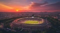 Arial image of Parc des Princes stadium during sunset, hyperrealistic. French tricolor.