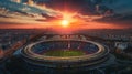 Arial image of Parc des Princes stadium during sunset, hyperrealistic. French tricolor.