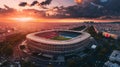 Arial image of Parc des Princes stadium during sunset, hyperrealistic. French tricolor.