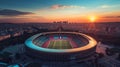 Arial image of Parc des Princes stadium during sunset, hyperrealistic. French tricolor.