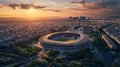 Arial image of Parc des Princes stadium during sunset, hyperrealistic. French tricolor.