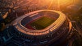 Arial image of Parc des Princes stadium during sunset, hyperrealistic. French tricolor.