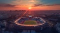 Arial image of Parc des Princes stadium during sunset, hyperrealistic. French tricolor.