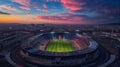 Arial image of Parc des Princes stadium during sunset, hyperrealistic. French tricolor.