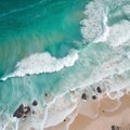 Arial view of beautiful ocean coastline with blue water, golden sand, surf line, waves, beautiful seascape, nays background,