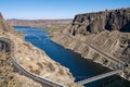 Aerial view of the canyon and bridge crossing the Deschutes River at Cove Palisades State Park in Oregon, USA Royalty Free Stock Photo