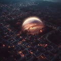 Arial view giant planet Jupiter floating in the air above suburban homes surreal hyper detailed night natural light