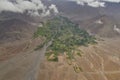 Arial view Green Landscape amidst Dry land around Leh from Flight window, Ladakh, India