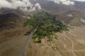 Arial view Green Landscape amidst Dry land around Leh from Flight window, Ladakh, India