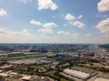 Arial view on Hamburg port with an Aida cruise ship and the Cosco Shipping Leo container ship