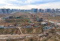 Arial view of a large construction site. Tower cranes in action. Housing renovation concept. Crane during formworks. Construction Royalty Free Stock Photo