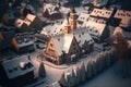 Topview of small miniature village covered in snow, ai generated